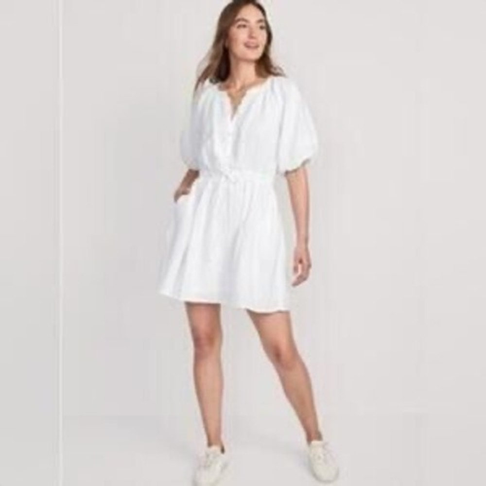 Cottagecore Women XL White Cotton Crinkle Gauze Puff Sleeve Mini Dress Pockets